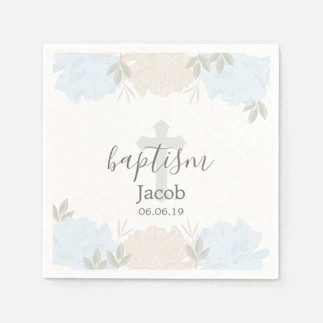 Cute Baby blue Peonies Baby Baptism Pappersservett (Framsidan)