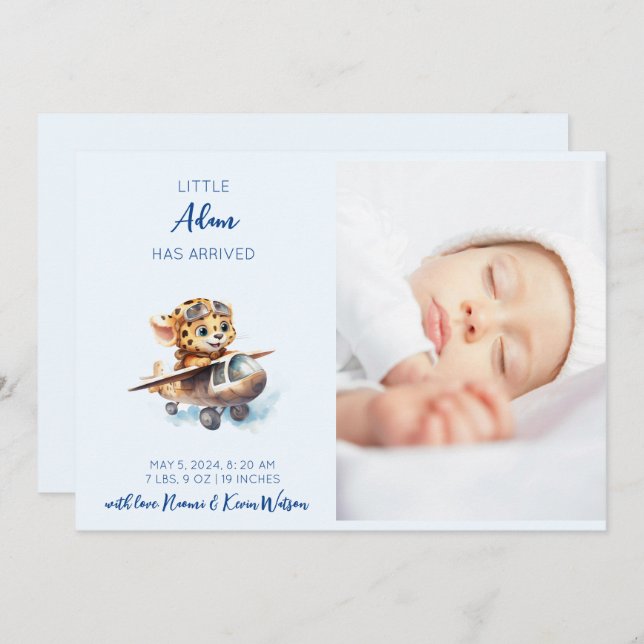 Cute Baby blue Tecknad Leopard | Boy Birth Meddelande (Fram/baksida)