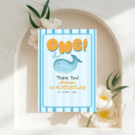 Cute Baby Blue Whale 1st Birthday Stripes Tack Kort