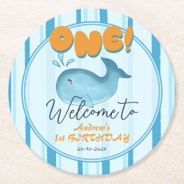 Cute Baby Blue Whale 1st Birthday Underlägg Papper Rund
