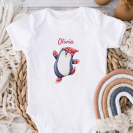 Cute Baby Bodysuit With An Ice Skating Penguin T Shirt