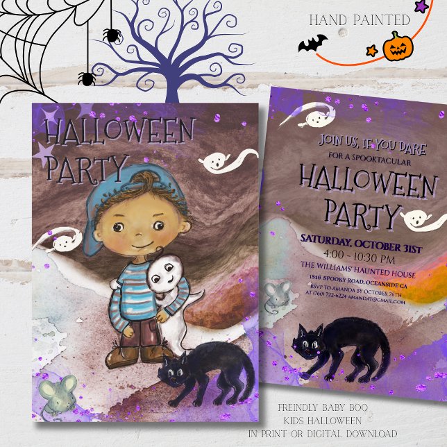 Cute Baby boo, cat & Boy Halloween Party  Inbjudningar (Cute Baby boo, cat & Boy Halloween Party Invitation)