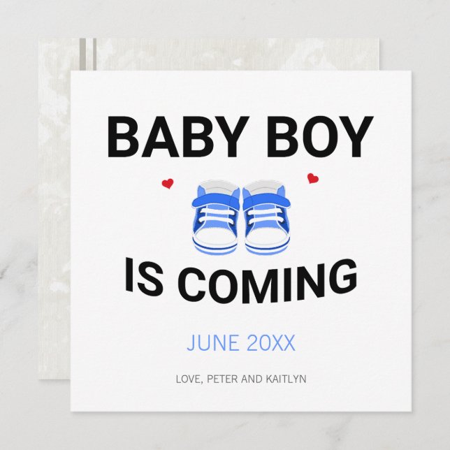 Cute Baby Boy Shoes Coming Soon Blue Pregnancy Meddelande (Fram/baksida)