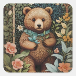 Cute Baby Brown Bear William Morris Inspired Fyrkantigt Klistermärke