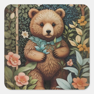 Cute Baby Brown Bear William Morris Inspired Fyrkantigt Klistermärke