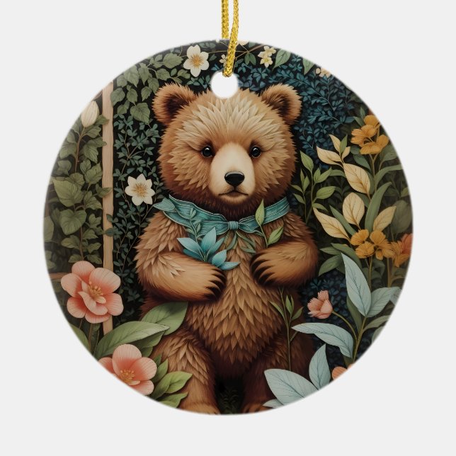 Cute Baby Brown Bear William Morris Inspired Julgransprydnad Keramik (Framsidan)