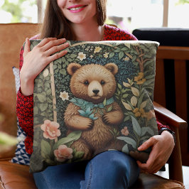 Cute Baby Brown Bear William Morris Inspired Kudde