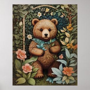 Cute Baby Brown Bear William Morris Inspired Poster