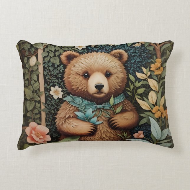 Cute Baby Brown Bear William Morris Inspired Prydnadskudde (Framsidan)