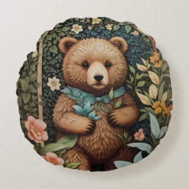 Cute Baby Brown Bear William Morris Inspired Rund Kudde