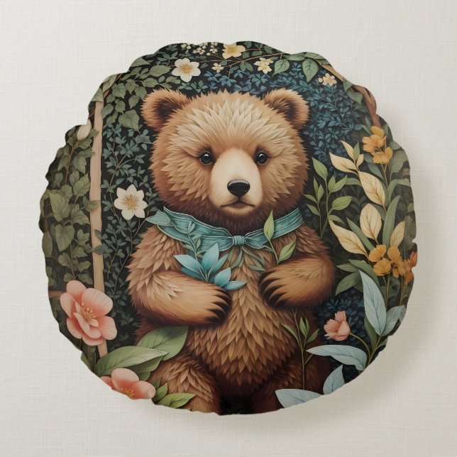 Cute Baby Brown Bear William Morris Inspired Rund Kudde (Framsidan)