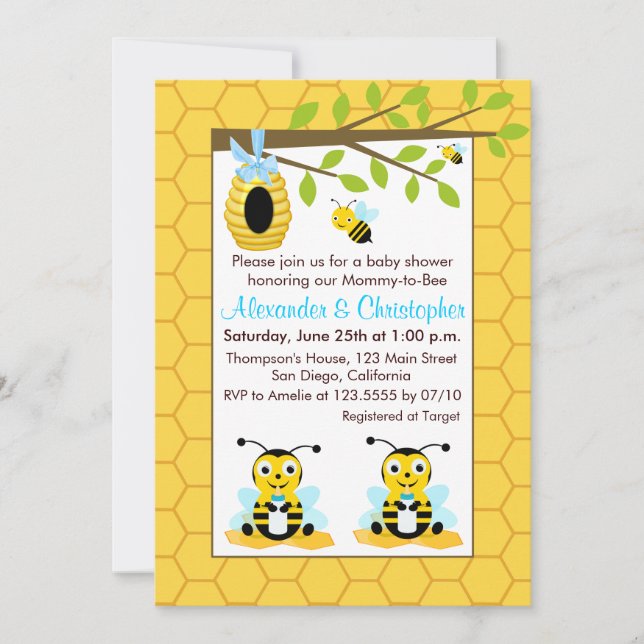 Cute Baby Bumblebee Twin Boy Shower Inbjudningar (Framsida)