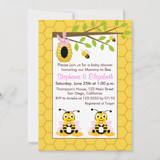 Cute Baby Bumblebee Twin Gir Baby Shower Inbjudningar (Framsida)