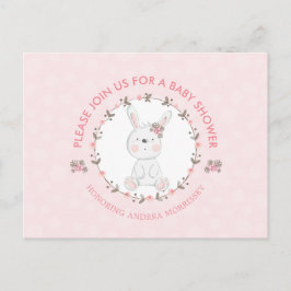 Cute Baby Bunny Blommigt Utandning Rosa Baby Showe Inbjudan Vykort