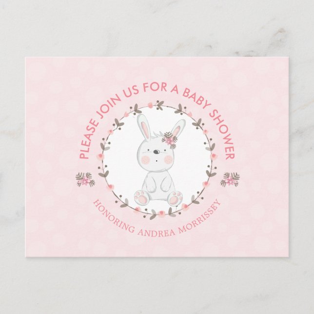 Cute Baby Bunny Blommigt Utandning Rosa Baby Showe Inbjudan Vykort (Framsida)
