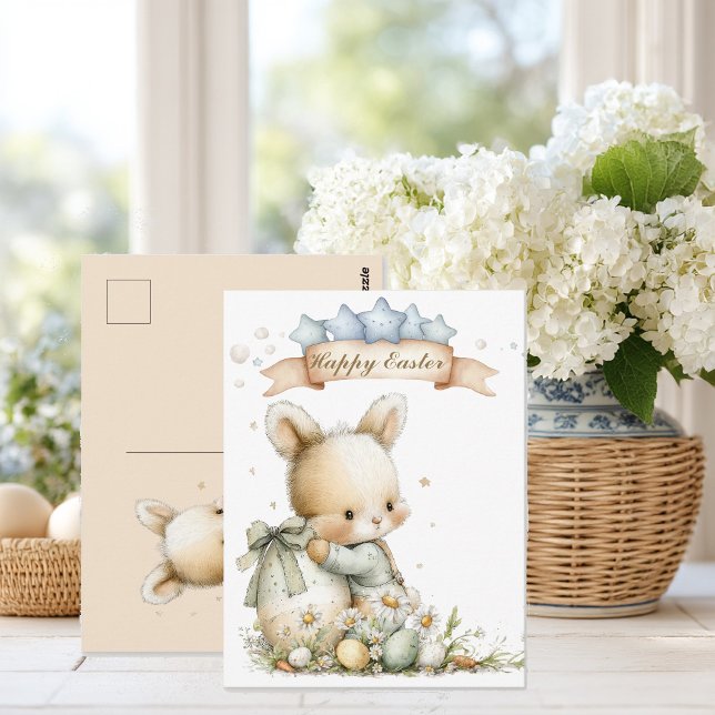 Cute baby bunny in pajamas with an Easter egg Vykort (Skapare uppladdad)