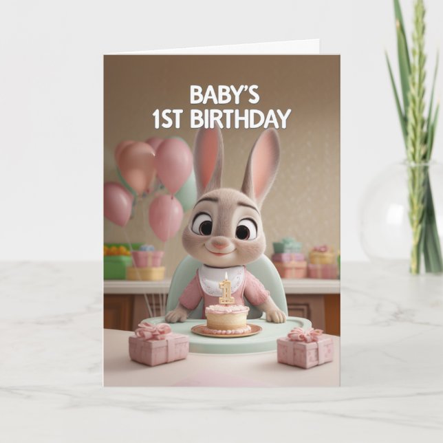 Cute Baby Bunny in Pink Celebrating 1st Birthday Kort (Framsida)