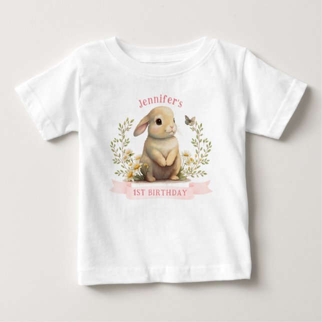 Cute Baby Bunny med Butterfly Påsk-födelsedag T Shirt (Framsida)