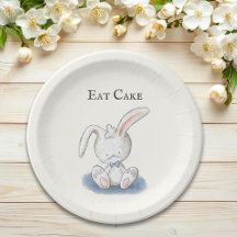 Cute Baby Bunny Rabbit med Blue Bow Tie Eat Cake