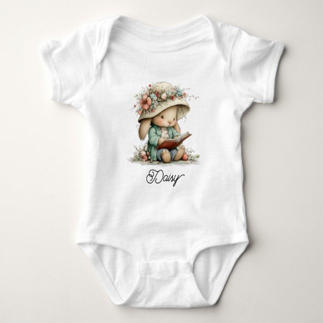 Cute Baby Bunny Reading Book T Shirt (Framsida)