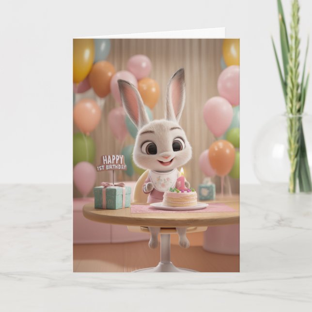 Cute Baby Bunny w/ Cake and Balloons 1st Birthday Kort (Framsida)