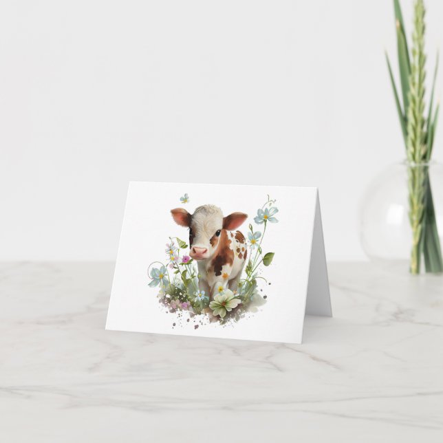 Cute Baby Calf Cow i Fält i Flowers BLANK Kort (Framsida)
