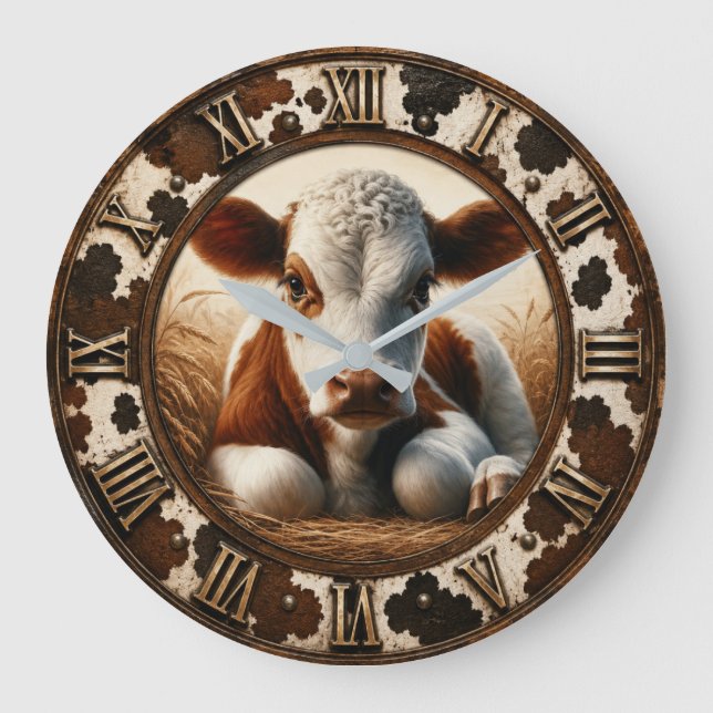 Cute Baby Calf Rustic Farmhouse Stor Klocka (Framsida)
