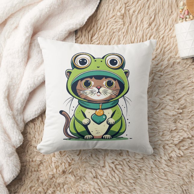 Cute Baby Cat med Frog Hat Kudde (Filt)