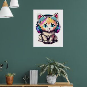 Cute Baby Cat med hörlurar Poster