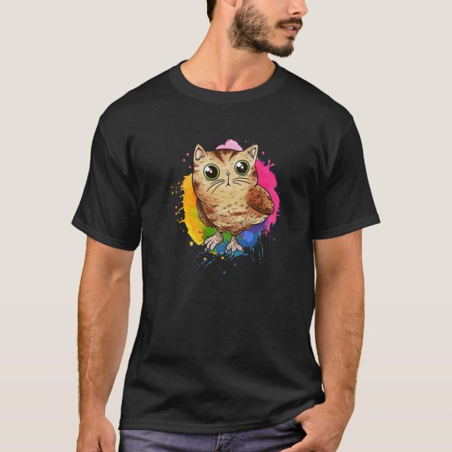 Cute Baby Cat Uggla med Färg Stänk T Shirt (Framsida)