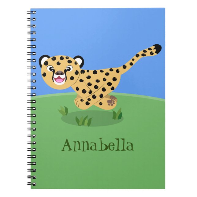 Cute baby cheetah som kör tecknad illustration anteckningsbok (Framsidan)
