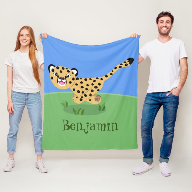Cute baby cheetah som kör tecknad illustration fleecefilt (På plats)