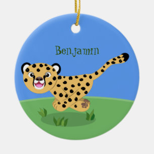Cute baby cheetah som kör tecknad illustration julgransprydnad keramik