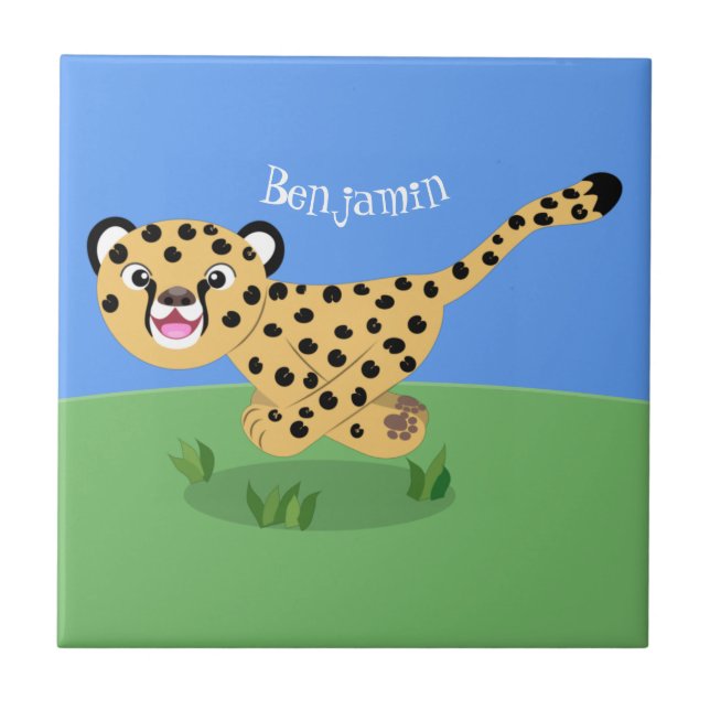 Cute baby cheetah som kör tecknad illustration kakelplatta (Framsidan)