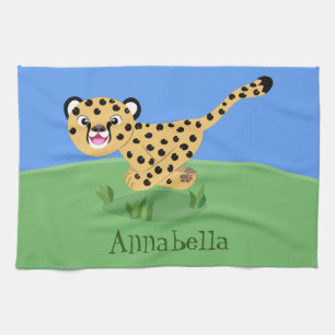 Cute baby cheetah som kör tecknad illustration kökshandduk