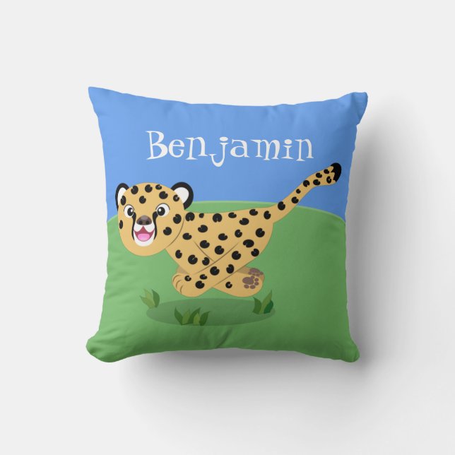 Cute baby cheetah som kör tecknad illustration kudde (Framsida)