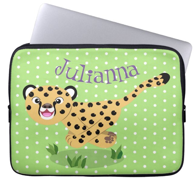 Cute baby cheetah som kör tecknad illustration laptop fodral (Framsidan)