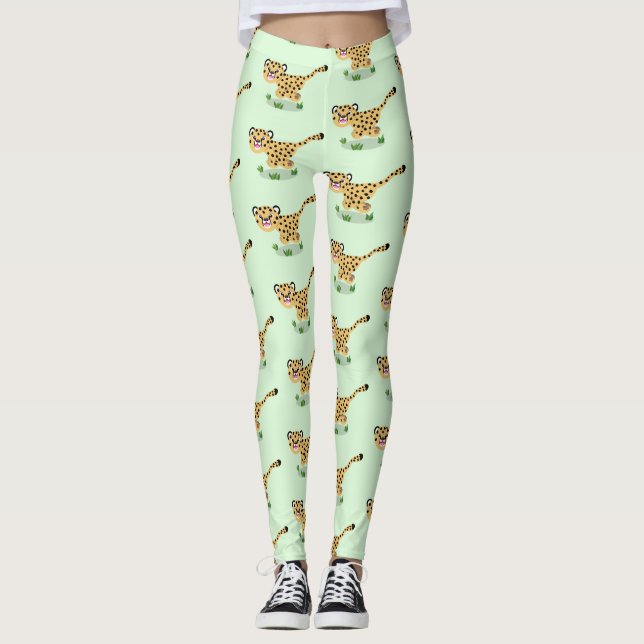 Cute baby cheetah som kör tecknad illustration leggings (Framsida)