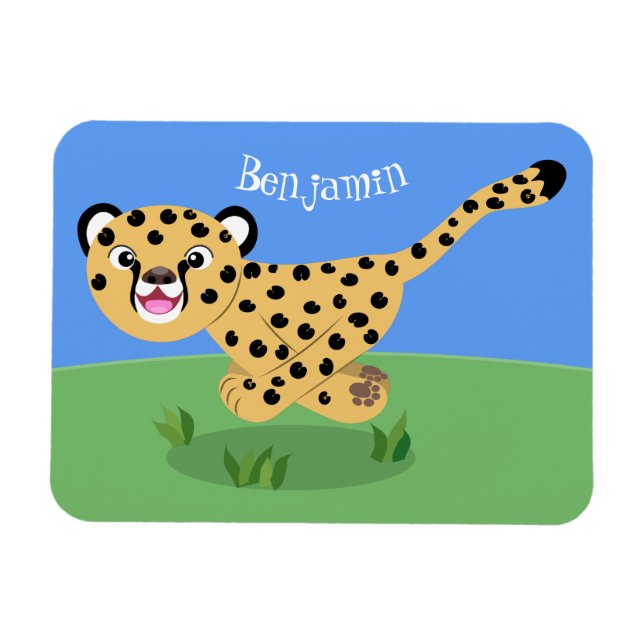 Cute baby cheetah som kör tecknad illustration magnet (Horisontell)
