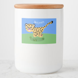 Cute baby cheetah som kör tecknad illustration mat etiketter