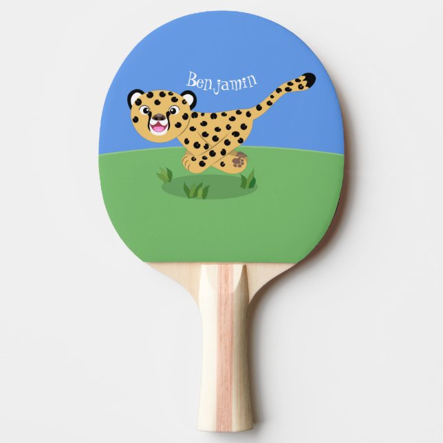 Cute baby cheetah som kör tecknad illustration pingisracket (Framsidan)