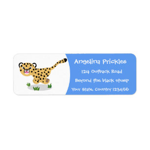Cute baby cheetah som kör tecknad illustration returadress etikett
