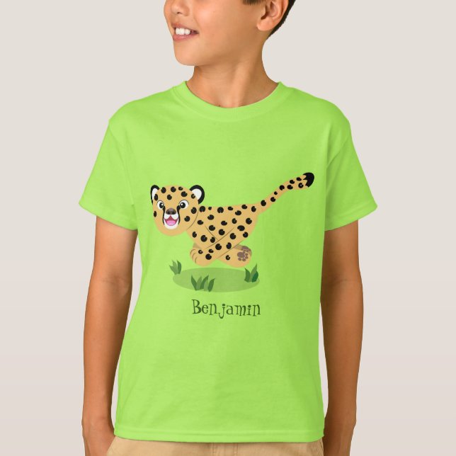Cute baby cheetah som kör tecknad illustration t shirt (Framsida)