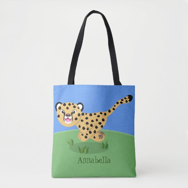 Cute baby cheetah som kör tecknad illustration tygkasse (Framsida)