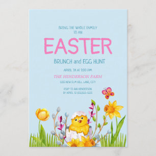 Cute Baby Chick Flowers Påsk Brunch Egg Hunt Inbjudningar