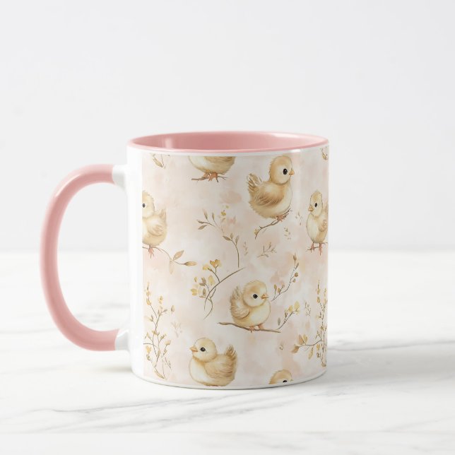 Cute Baby Chick Rosa Pastel Watercolor Mönster Mugg (Vänster)