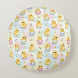 Cute Baby Chick Watercolor Easter Rund Kudde