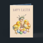 Cute Baby Chicks Easter Holiday Greeting Card Helgkort<br><div class="desc">This adorable Easter card features three fluffy baby chicks gathered around colorful pastel eggs, with the sweetest one wearing a delicate floral crown. The warm peach background and vintage-style illustration give this card an irresistible old-fashioned charm perfect for Easter. It's a wonderful card to send to kids, grandparents, or anyone...</div>
