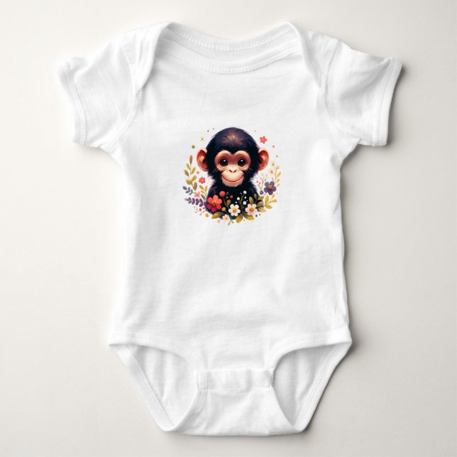 Cute Baby Chimp with Flowers T Shirt (Framsida)