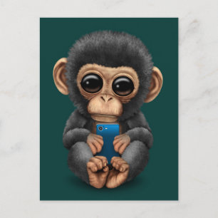 Cute Baby Chimpanzee Holding a Cell Mobil Teal Vykort